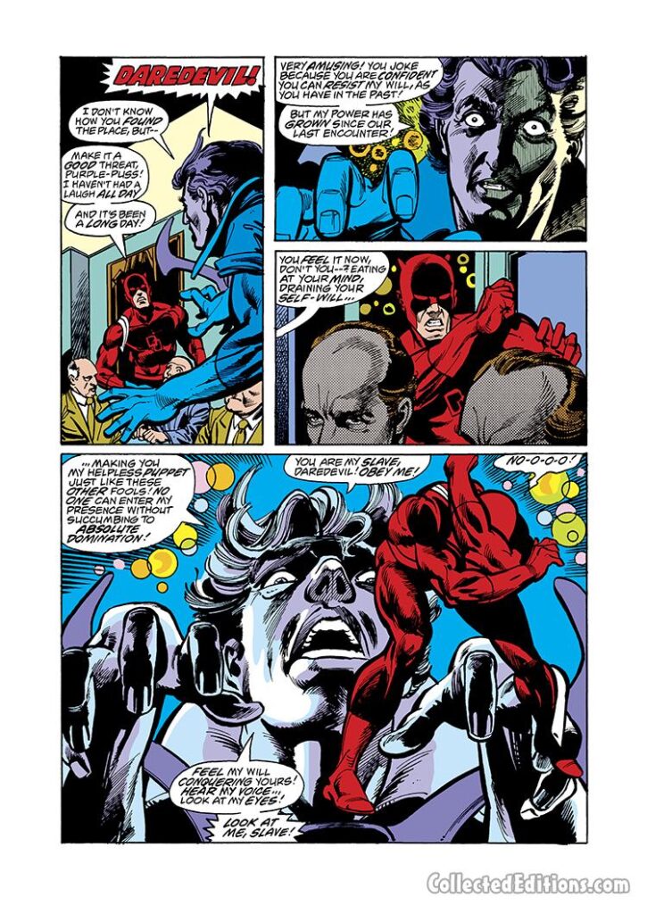 Daredevil #147, pg. 12; pencils, Gil Kane; inks, Klaus Janson; Purple Man/Killgrave hypnotizes