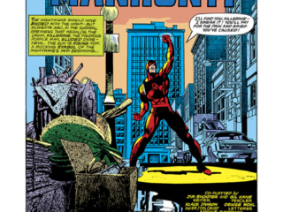 Daredevil #148, pg. 1; pencils, Gil Kane; inks, Klaus Janson; Manhunt splash page