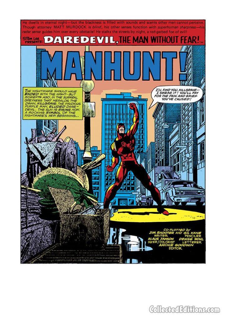 Daredevil #148, pg. 1; pencils, Gil Kane; inks, Klaus Janson; Manhunt splash page