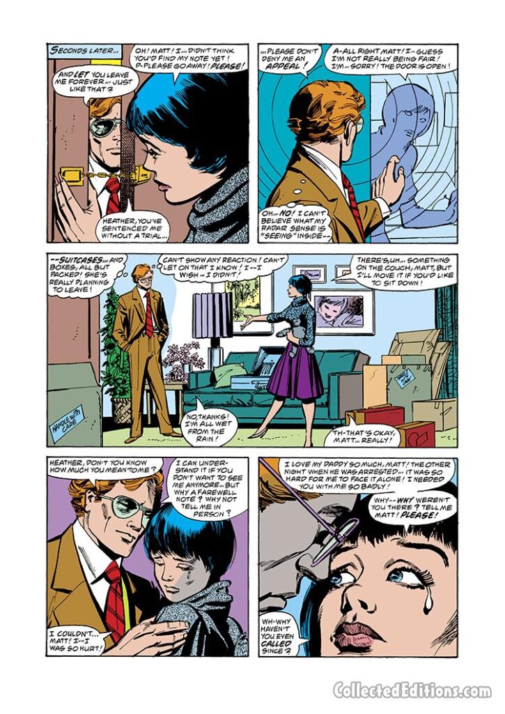 Daredevil #149, pg. 3; pencils, Carmine Infantino; inks, Klaus Janson; Heather Glenn/Matt Murdock relationship romance