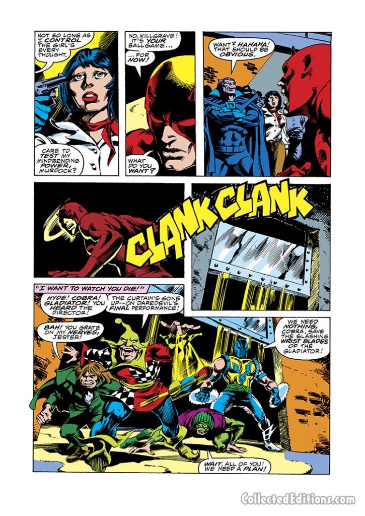 Daredevil #154, pg. 3; pencils, Gene Colan; inks, Steve Leialoha; Jester/Mister Hyde/Gladiator