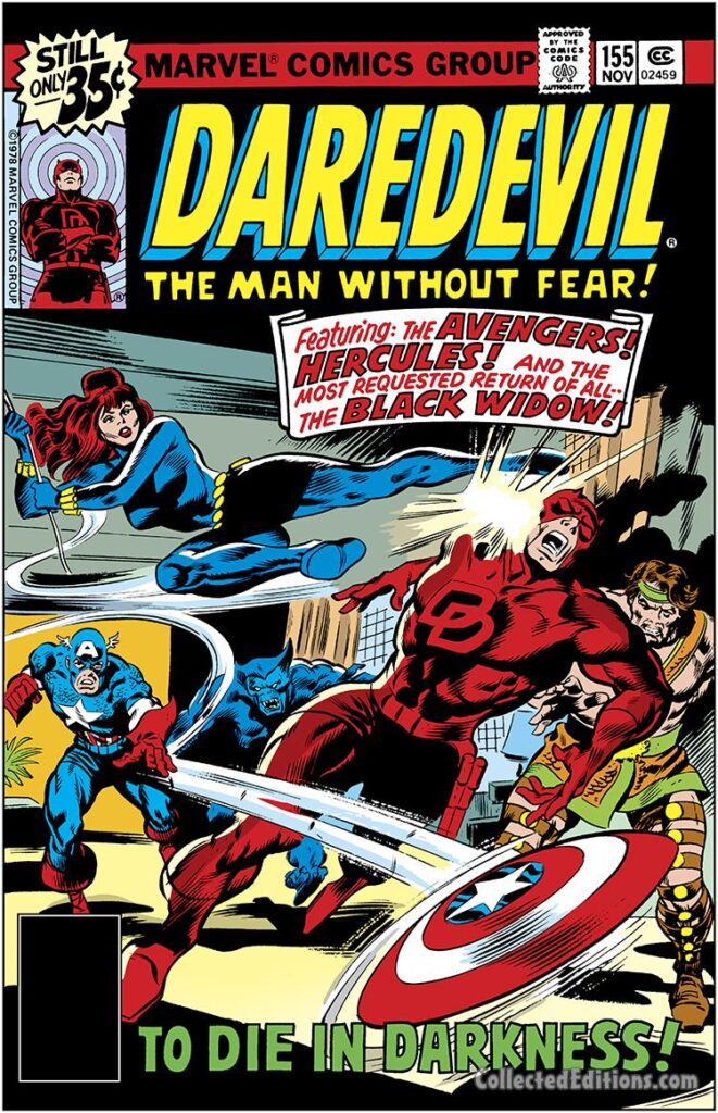 Daredevil #155 cover; pencils, Gene Colan; inks, Frank Springer; Avengers/Hercules/Black Widow