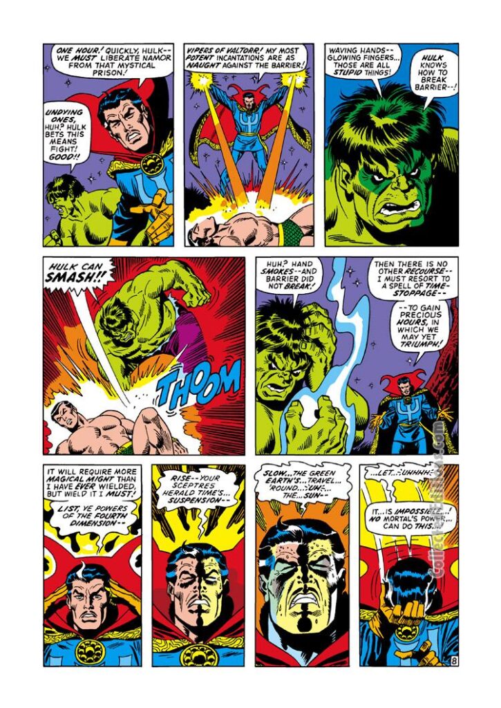 Defenders #1, pg. 8; pencils, Sal Buscema; inks, Frank Giacoia; Doctor Strange, Incredible Hulk, first issue