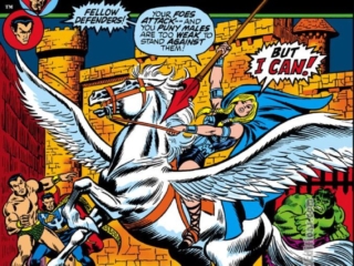 Defenders #4 cover; layouts, Jim Starlin; pencils, John Buscema; inks, Frank Giacoia; Valkyrie Rides Again