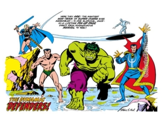 Defenders #6, pg. 20; pencils, Sal Buscema; inks, Frank McLaughlin; Dynamic Defenders, Valkyrie, Sub-Mariner, Silver Surfer, Doctor Strange, Incredible Hulk, Non-Team Pin-Up
