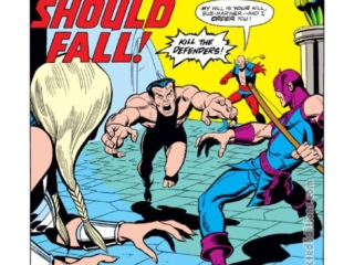 Defenders #8, pg. 1; pencils, Sal Buscema; inks, Frank McLaughlin; If Atlantis Should Fall, Sub-Mariner, Hawkeye, Valkyrie