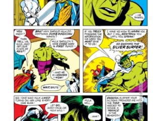 Defenders #8, pg. 7; pencils, Sal Buscema; inks, Frank McLaughlin; Silver Surfer, Hulk, Doctor Strange