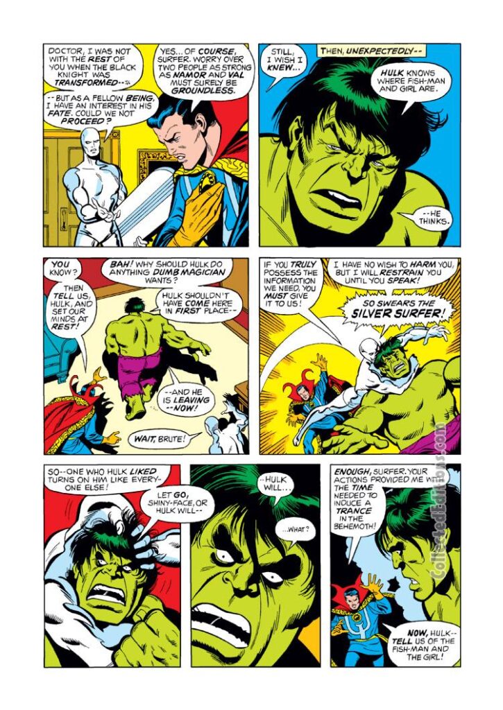 Defenders #8, pg. 7; pencils, Sal Buscema; inks, Frank McLaughlin; Silver Surfer, Hulk, Doctor Strange