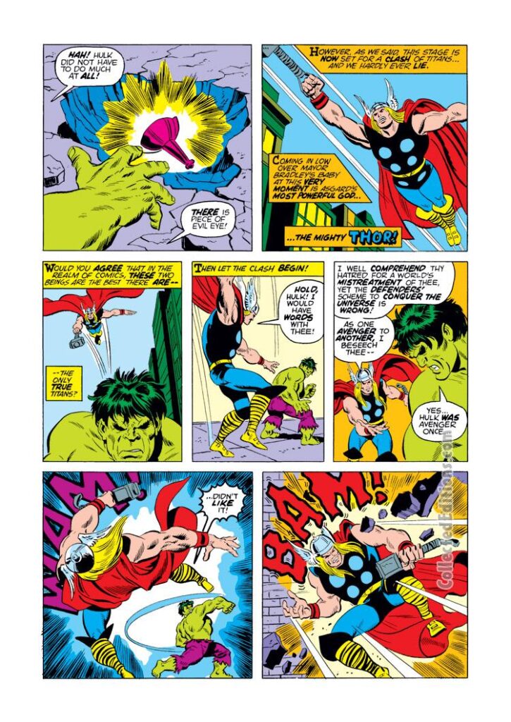 Defenders #10, pg. 3; pencils, Sal Buscema; inks, Frank Bolle; Thor, Hulk, Evil Eye, Avengers Defenders War