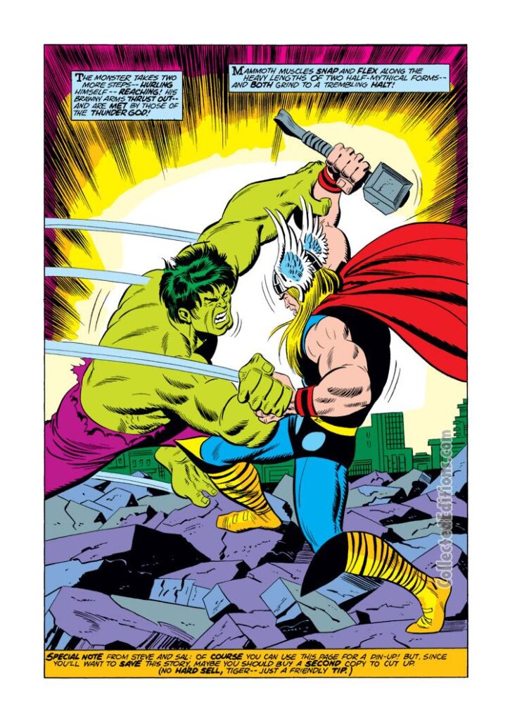 Defenders #10, pg. 9; pencils, Sal Buscema; inks, Frank Bolle; Avengers/Defenders War. Incredible Hulk vs. Thor splash page