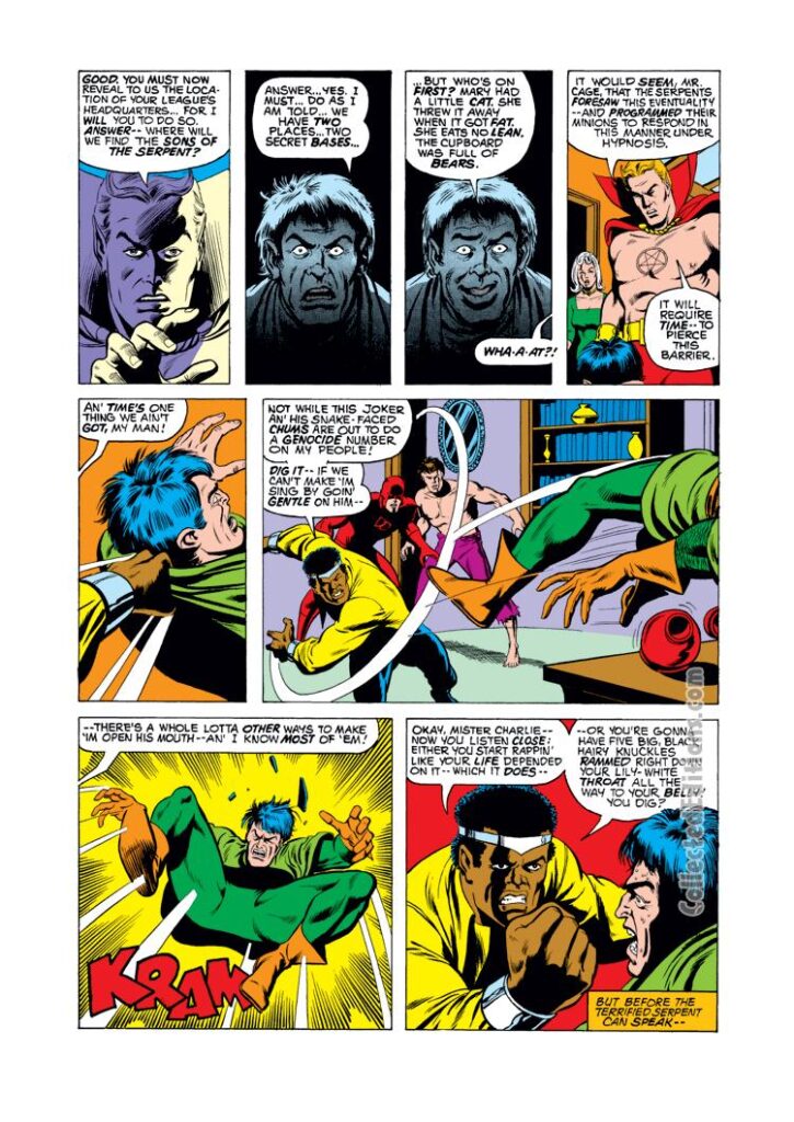 Defenders #24, pg. 13; pencils, Sal Buscema; inks, Bob McLeod; Son of Satan, Luke Cage