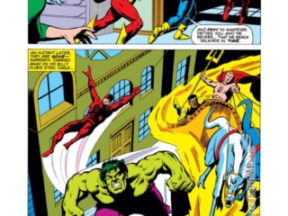 Defenders #24, pg. 16; pencils, Sal Buscema; inks, Bob McLeod; Son of Satan, Hulk, Daredevil