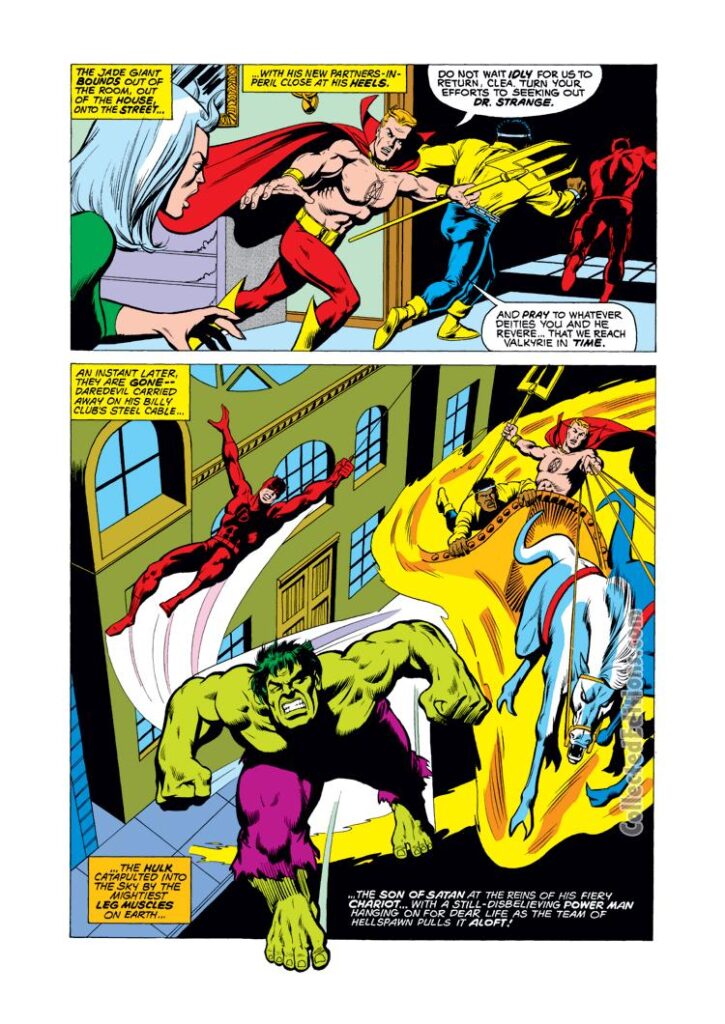 Defenders #24, pg. 16; pencils, Sal Buscema; inks, Bob McLeod; Son of Satan, Hulk, Daredevil