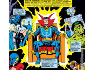 Defenders #28, pg. 1; pencils, Sal Buscema;  Doctor Strange, Incredible Hulk, Yondu, Guardians of the Galaxy, Nighthawk, Valkyrie, "My Mother the Badoon", Steve Gerber