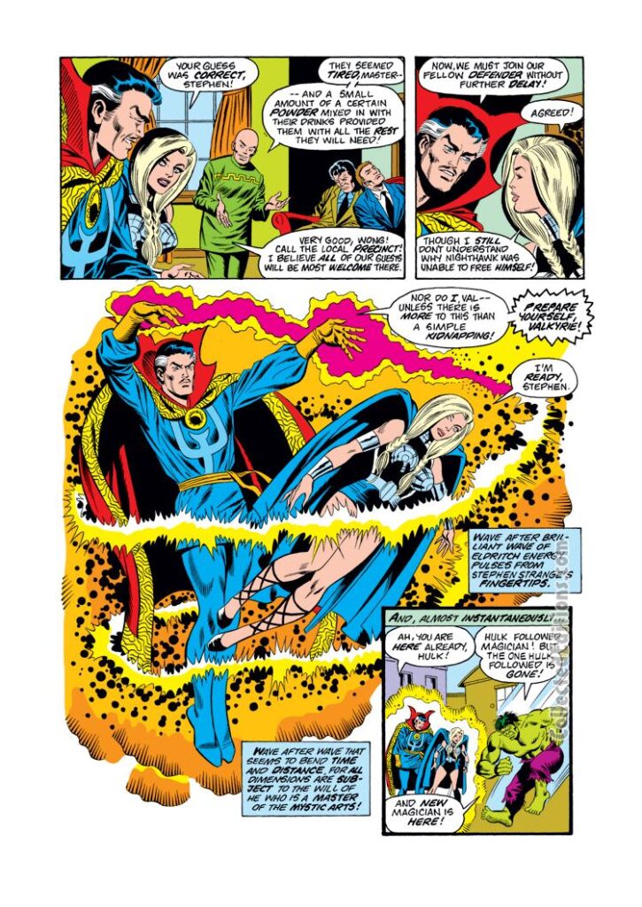 Defenders #29, pg. 16; pencils, Sal Buscema; inks, Vince Colletta Defenders #30, pg. 6; pencils, Sal Buscema; Hulk, Doctor Strange, Valkyrie