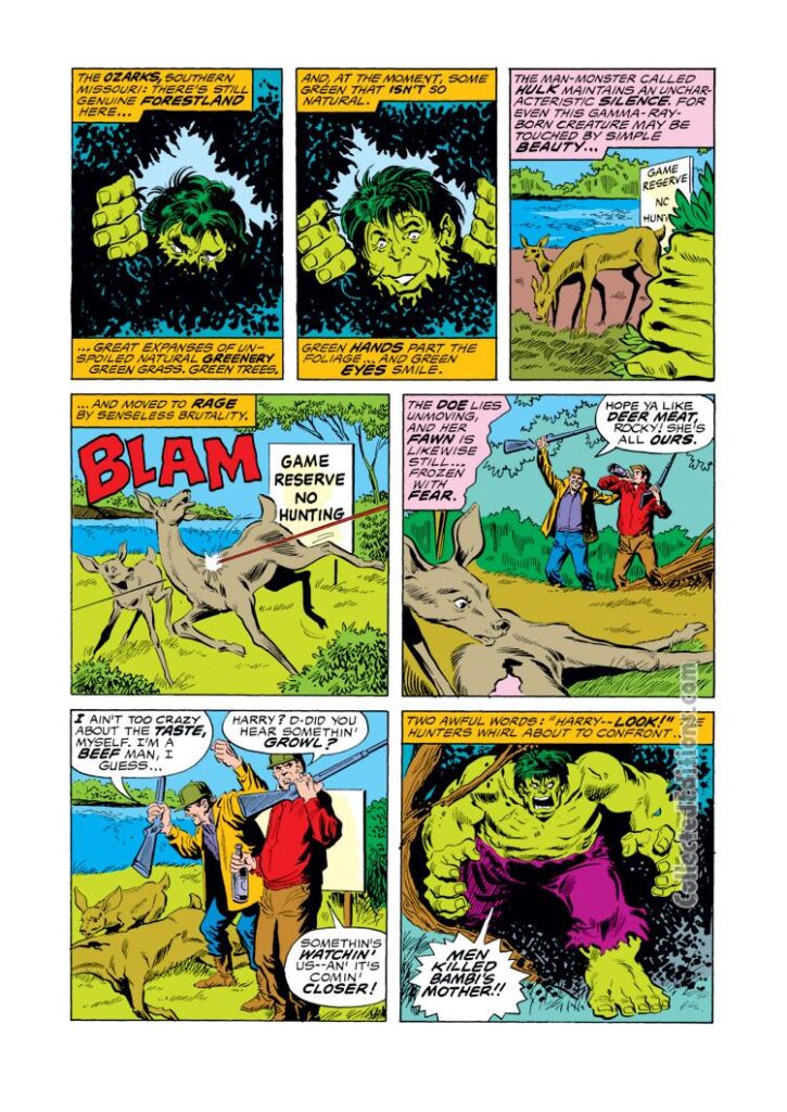 Defenders #31, pg. 7; pencils, Sal Buscema; inks, Jim Mooney; Incredible Hulk, deer and mother are shot by hunters