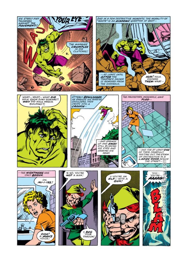 Defenders #40, pg. 8; pencils, Sal Buscema; inks, Klaus Janson; Elf With a Gun, Hulk