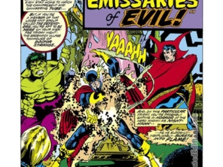 Defenders #42, pg. 1; pencils, Keith Giffen; inks, Klaus Janson; Emissaries of Evil, Nighthawk