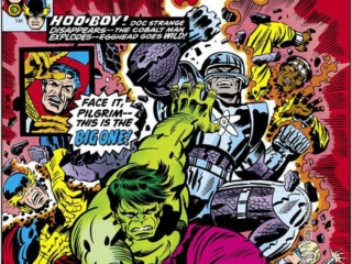 Defenders #43 cover; pencils, Jack Kirby; inks, Al Milgrom; Cobalt Man, Luke Cage, Power Man, Doctor Strange, Hulk, Nighthawk, Valkyrie