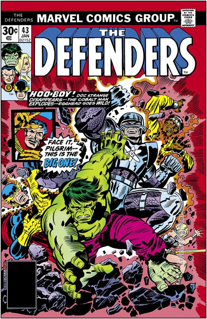 Defenders #43 cover; pencils, Jack Kirby; inks, Al Milgrom; Cobalt Man, Luke Cage, Power Man, Doctor Strange, Hulk, Nighthawk, Valkyrie