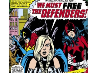 Defenders #45, pg. 1; pencils, Keith Giffen; inks, Klaus Janson; Valkyrie, Red Guardian/Tania Belinsky, Hellcat/Patsy Walker, We Must Free the Defenders