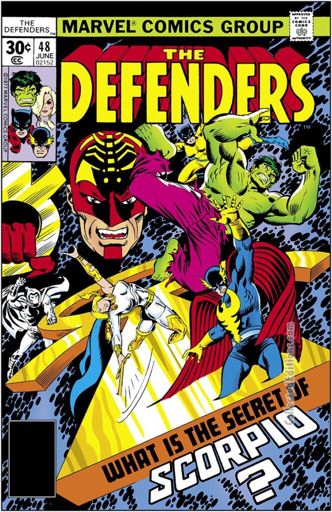 Defenders #48 cover; pencils, Ed Hannigan; inks, Joe Sinnott; What if the secret of Scorpio, Moon Knight