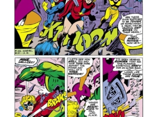 Defenders #57, pg. 13; pencils, Dave Cockrum; inks, Dan Green; Ms. Marvel/Carol Danvers, Nighthawk, Patsy Walker, Hellcat