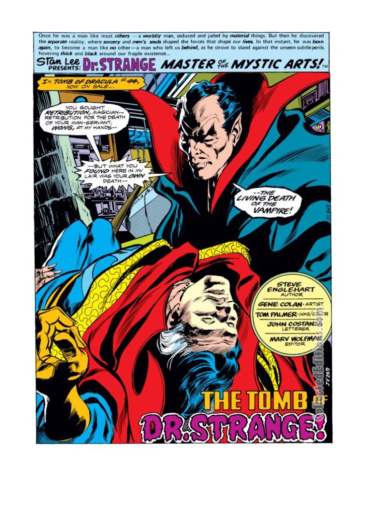 Doctor Strange #14, pg. 1; pencils, Gene Colan; inks, Tom Palmer; Tomb of Dracula, Count Dracula