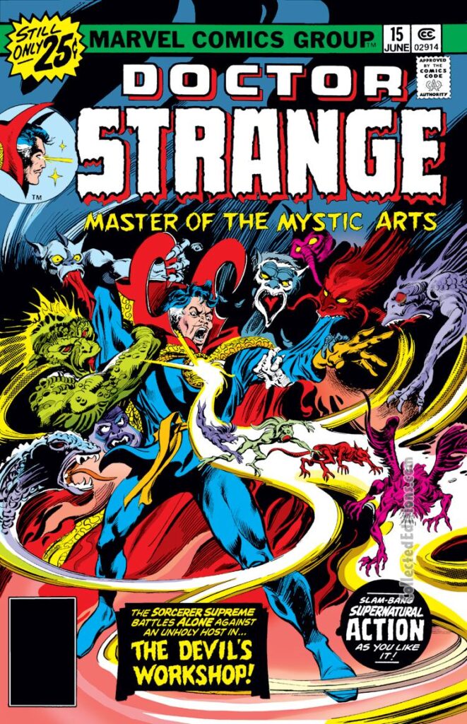 Doctor Strange #15 cover; pencils, Gene Colan; inks, Tom Palmer; Supernatural action, the Devil&#039;s workshop, demons from hell