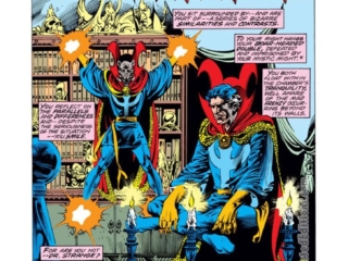 Doctor Strange #26, pg. 1; pencils, Jim Starlin; inks, Rudy Nebres Doctor Strange #26, pg. 1; pencils, Jim Starlin; inks, Rudy Nebres; The Return of the Ancient One splash page