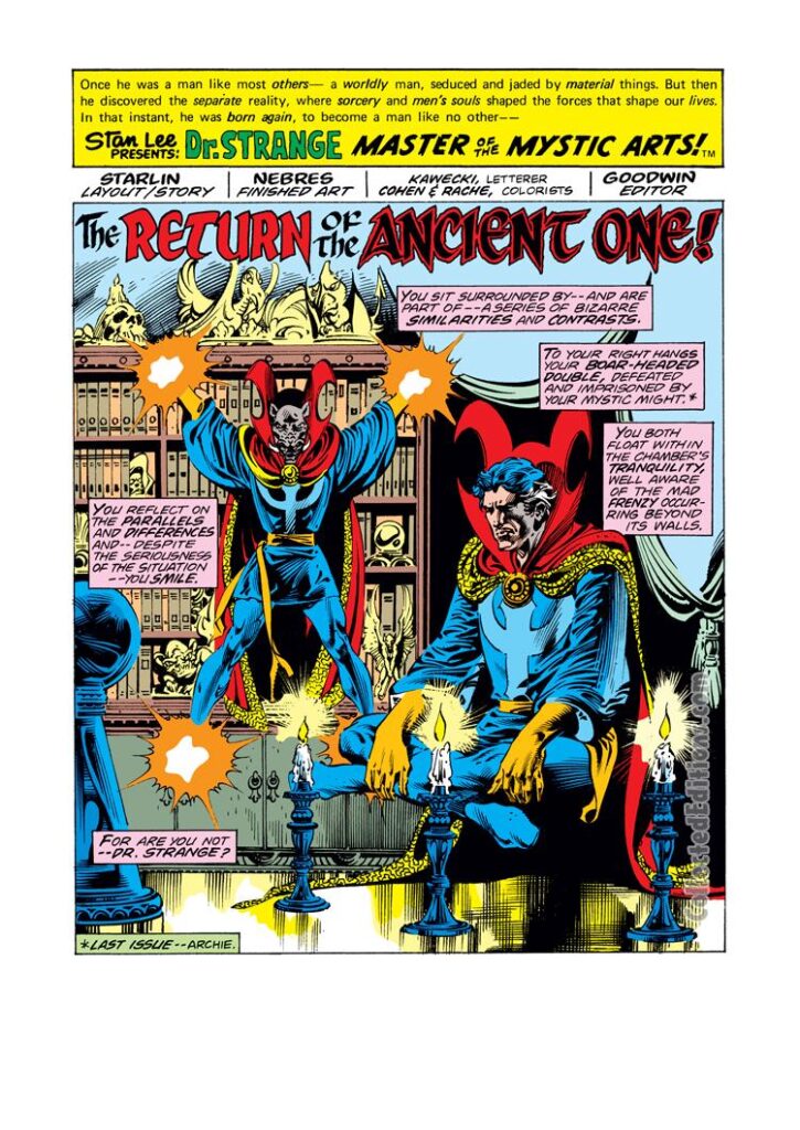 Doctor Strange #26, pg. 1; pencils, Jim Starlin; inks, Rudy Nebres; The Return of the Ancient One splash page
