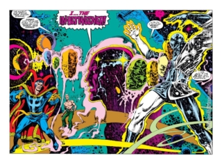 Doctor Strange #27, pgs. 2-3; pencils, Tom Sutton; inks, Ernie Chan Doctor Strange #27, pgs. 2-3; pencils, Tom Sutton; inks, Ernie Chan; In-Betweener double-page splash