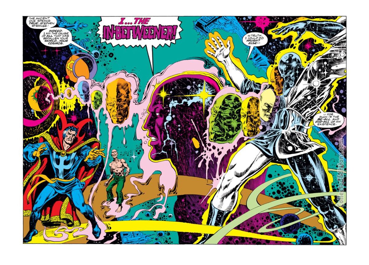 Doctor Strange #27, pgs. 2-3; pencils, Tom Sutton; inks, Ernie Chan; In-Betweener double-page splash