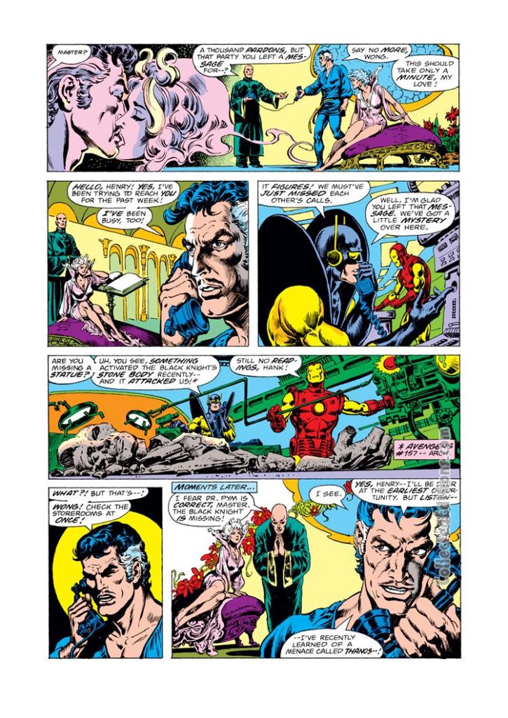 Doctor Strange #29, pg. 2; pencils, Tom Sutton; inks, Ernie Chan; Stephen Strange, Wong, Yellowjacket, Iron Man, Avengers, Clea