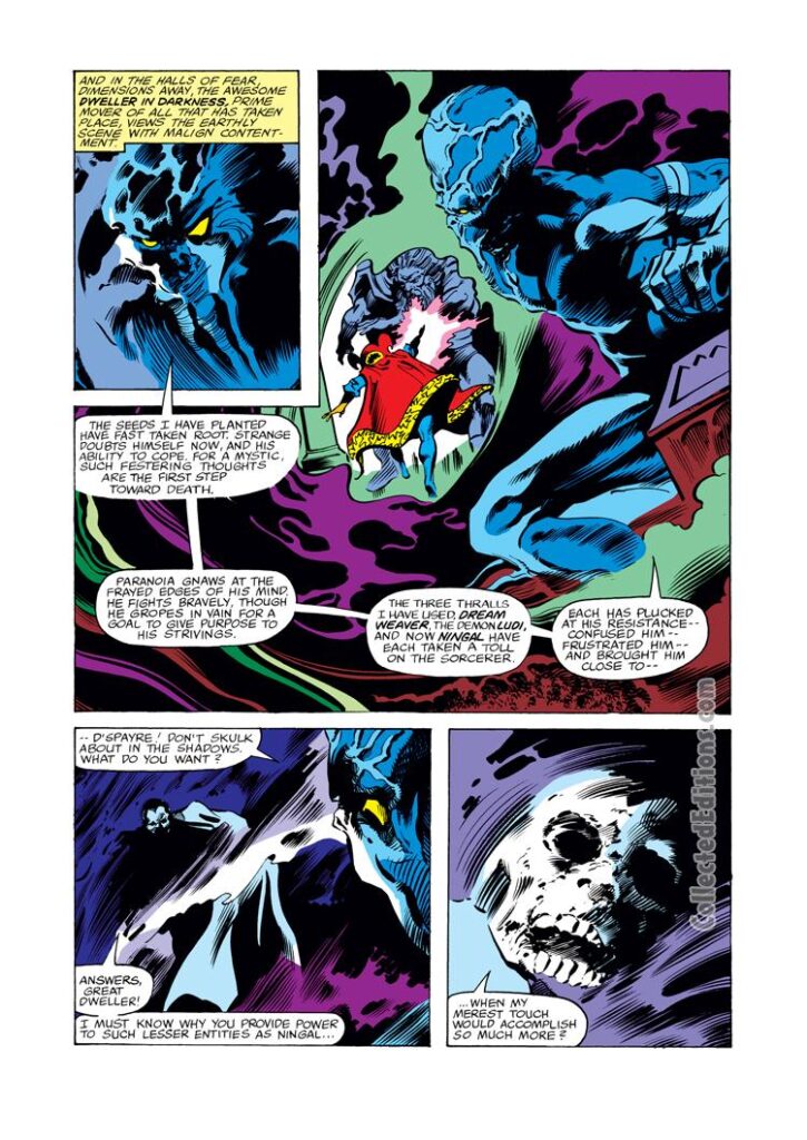 Doctor Strange #37, pg. 5; pencils, Gene Colan; inks, Dan Green; Ningal, D&#039;Spayre; Roger Stern