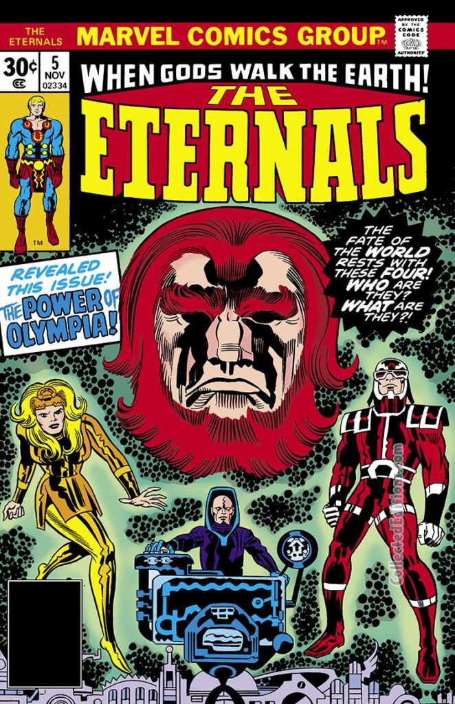 Eternals #5 cover; pencils, Jack Kirby; Zuras, Thena, Makarri, Domo first appearance
