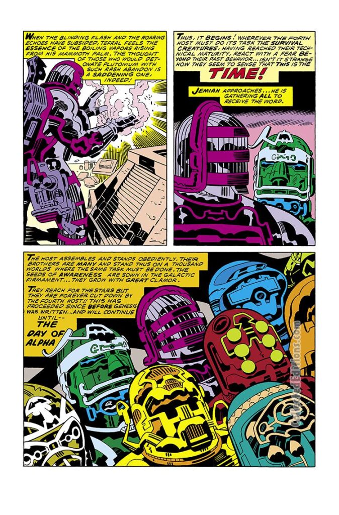 Eternals #7, pg. 12; pencils, Jack Kirby; inks, Mike Royer; Celestials; Jemiah; Tefral the Surveyor, The Fourth Host, Gammenon, The One Above All