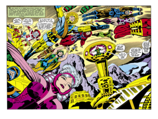 Eternals #11, pgs. 2-3; pencils, Jack Kirby; Uni-Mind, Mike Royer, Zuras