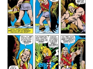 Fear #19, pg. 15; pencils, Val Mayerik; inks, Sal Trapani; Man-Thing, Korrek the Barbarian, Howard the Duck, first appearance, Donald Duck parody, Marvel, cigar, swamp