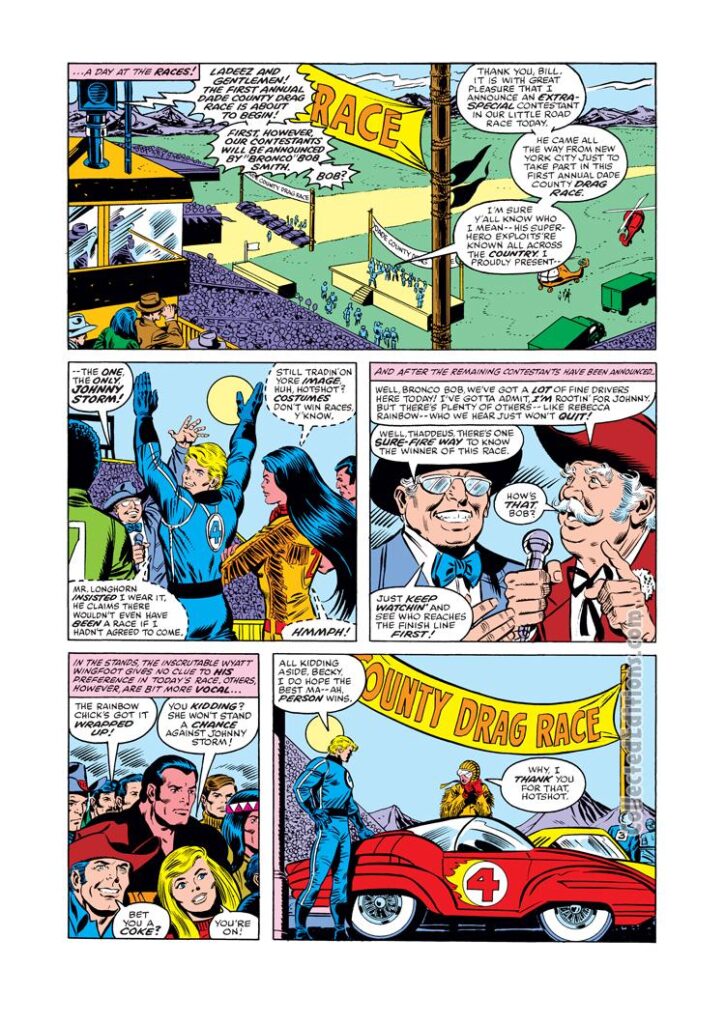 Fantastic Four #192, pg. 8; layouts, George Pérez; pencils and inks, Joe Sinnott; Wyatt Wingfoot, Johnny Storm/Human Torch, drag racing, sports car, Mr. Longhorn