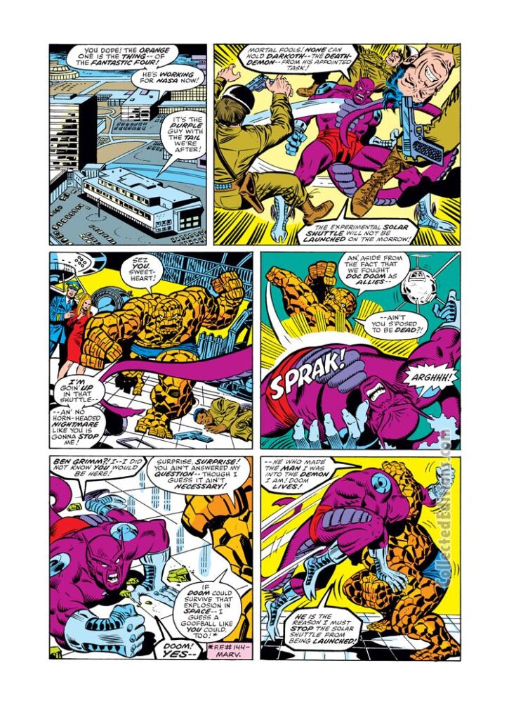 Fantastic Four #193, pg. 2; layouts, Keith Pollard; pencils and inks, Joe Sinnott; Thing/Ben Grimm, Darkoth the Death-Demon, first appearance