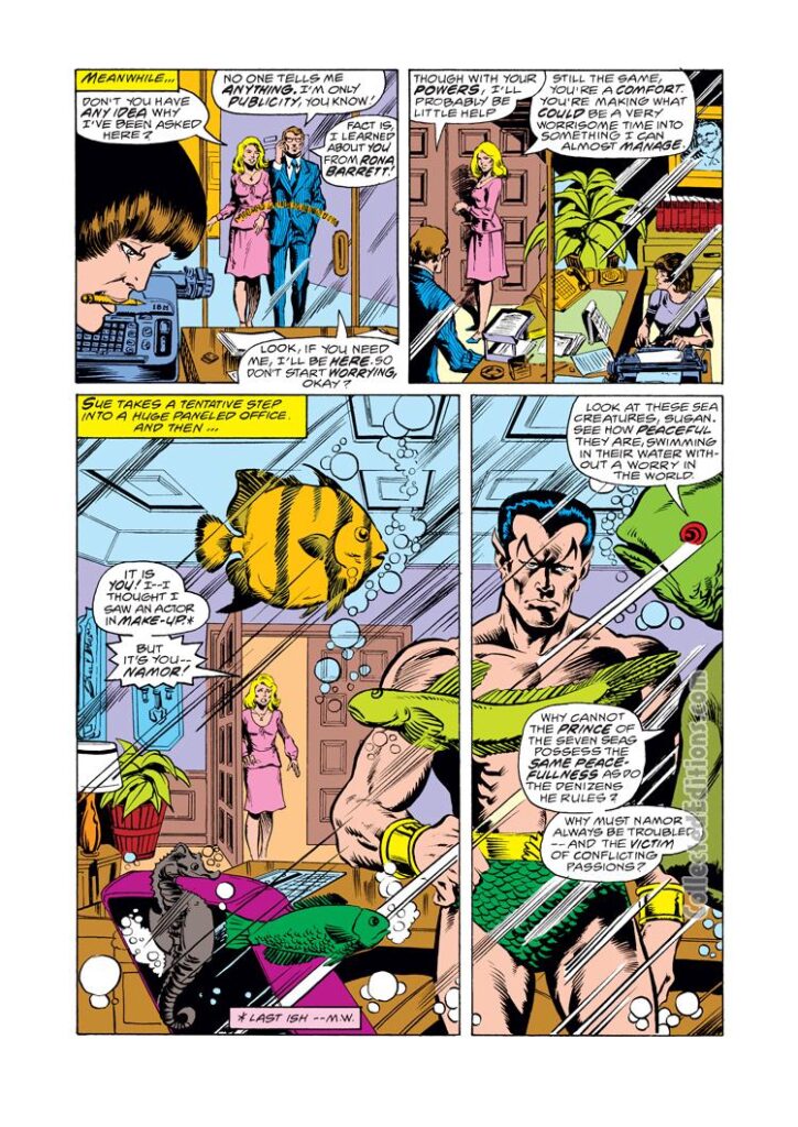 Fantastic Four #195, pg. 4; layouts, Keith Pollard; pencils and inks, Pablo Marcos; Rona Barrett, Sub-Mariner, Namor