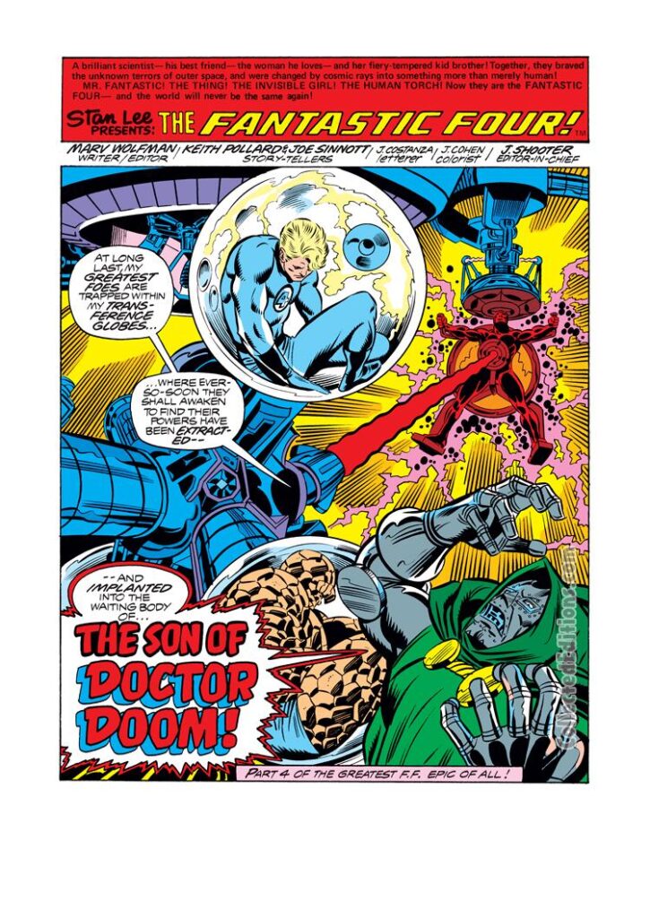 Fantastic Four #199, pg. 1; layouts, Keith Pollard; pencils and inks, Joe Sinnott; Marv Wolfman, writer/editor; Johnny Storm/Human Torch, Son of Doctor Doom