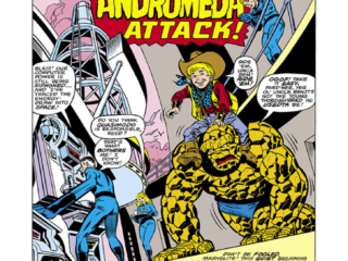 Fantastic Four #204, pg. 1; pencils, Keith Pollard; Franklin Richards/The Thing/The Andromeda Attack