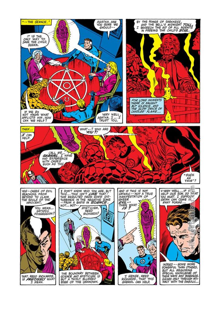 Fantastic Four #222, pg. 16; pencils, Bill Sienkiewicz; Agatha Harkness seance, Gabriel Devil-Slayer