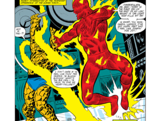 Fantastic Four #228, pg. 1; pencils, Bill Sienkiewicz; Human Torch/Thing/Ego-Spawn