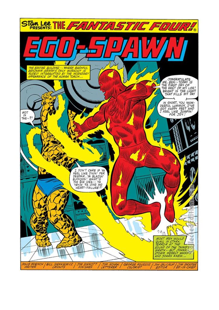 Fantastic Four #228, pg. 1; pencils, Bill Sienkiewicz; Human Torch/Thing/Ego-Spawn