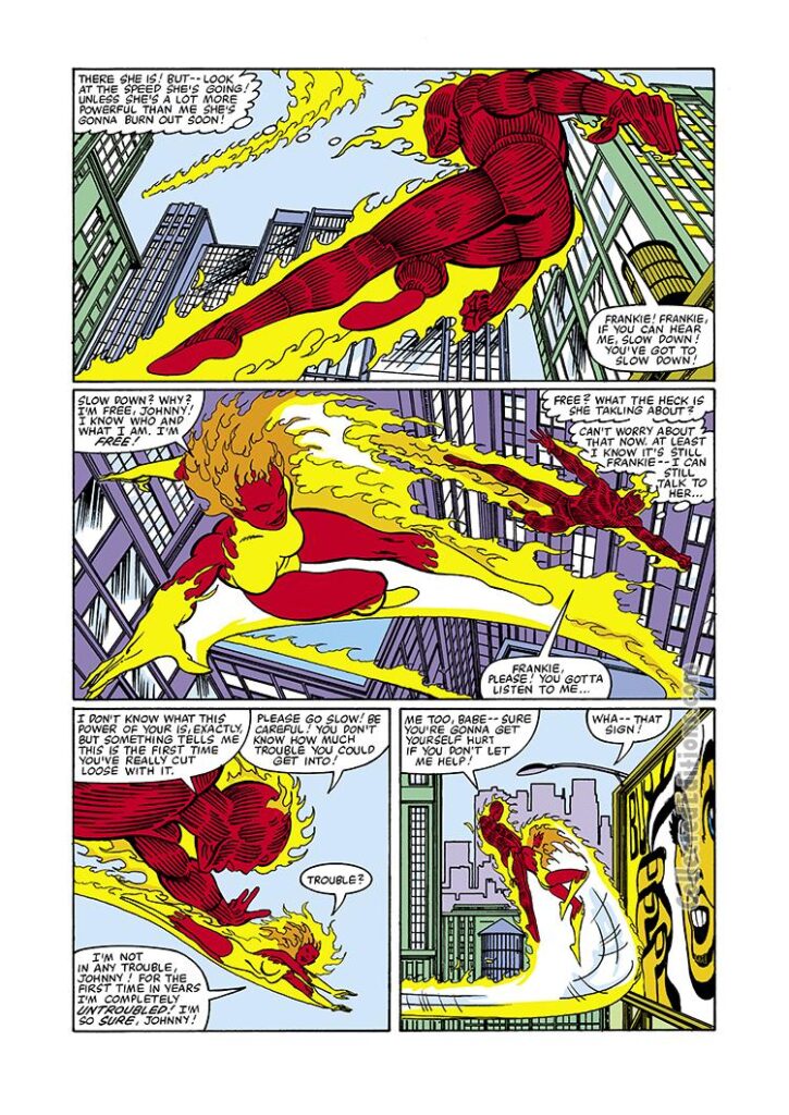 Fantastic Four #238, pg. 5; pencils and inks, John Byrne; Human Torch and Frankie Raye