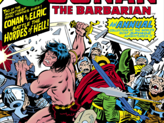 Giant-Size Conan #5 cover; pencils, Jack Kirby; inks, Joe Sinnott; alterations, John Romita, Sr.; Elric and Conan battle the hordes of Hell