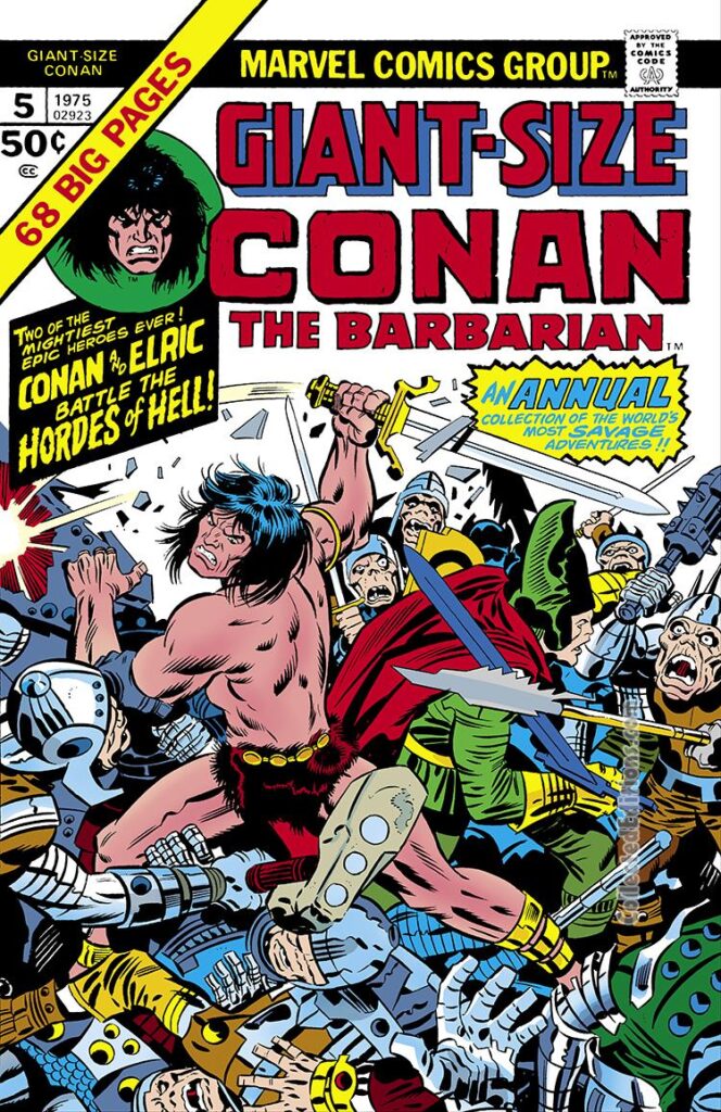 Giant-Size Conan #5 cover; pencils, Jack Kirby; inks, Joe Sinnott; alterations, John Romita, Sr.; Elric and Conan battle the hordes of Hell